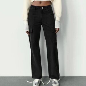 Zara | TRF Straight Cargo Wide Leg Pants Jeans in Black Size‎ 6